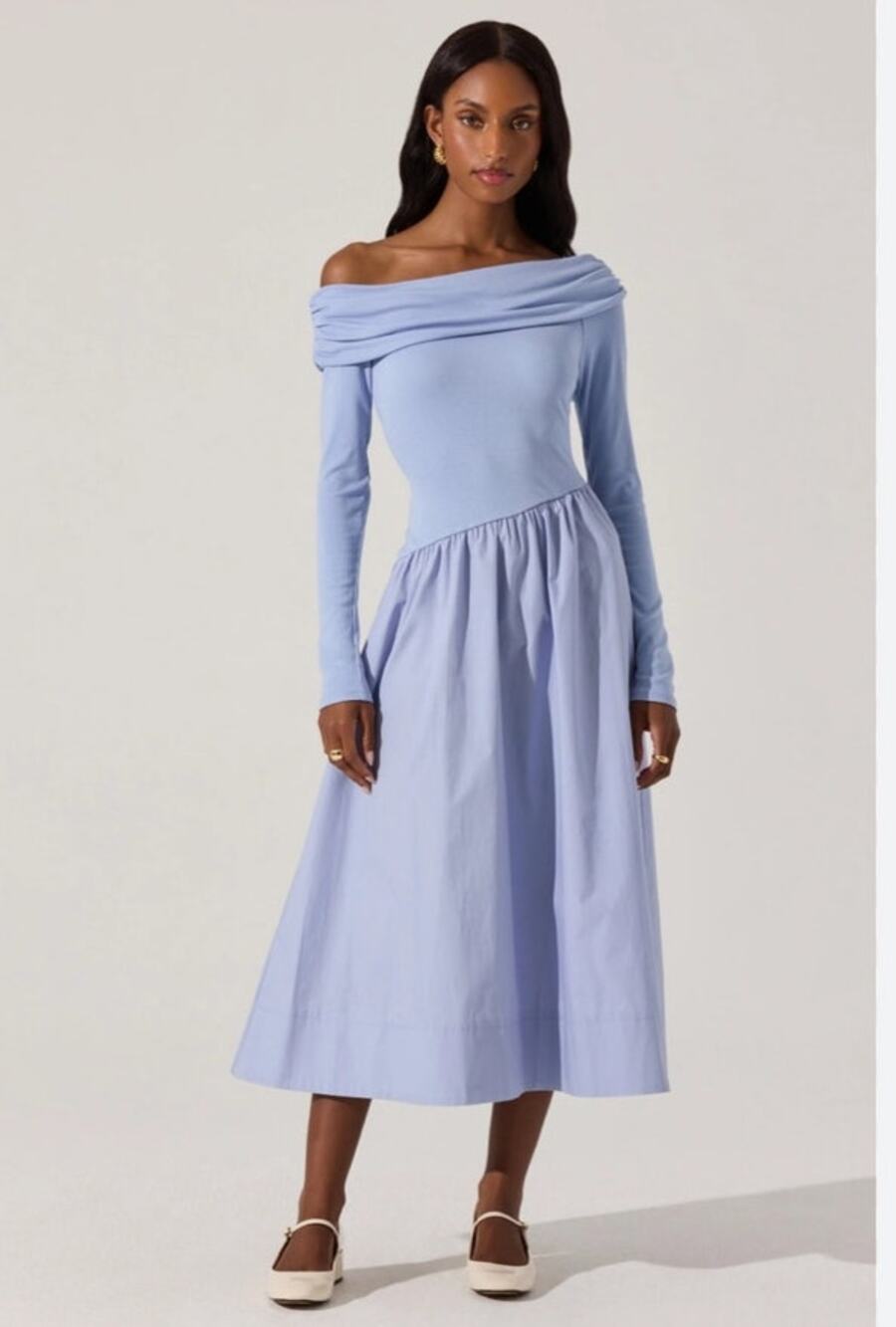ASTR The Label Blue Off Shoulder Mixed Media Cotton Poplin Midi Dress M